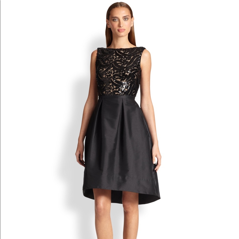 Monique Lhuillier black pleated sequin dress